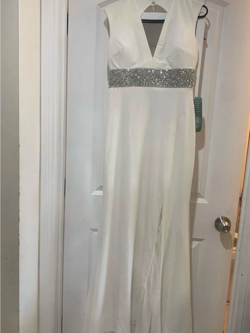 Elegant White V-Neck Evening Gown with Silver Sequin with tags size 4